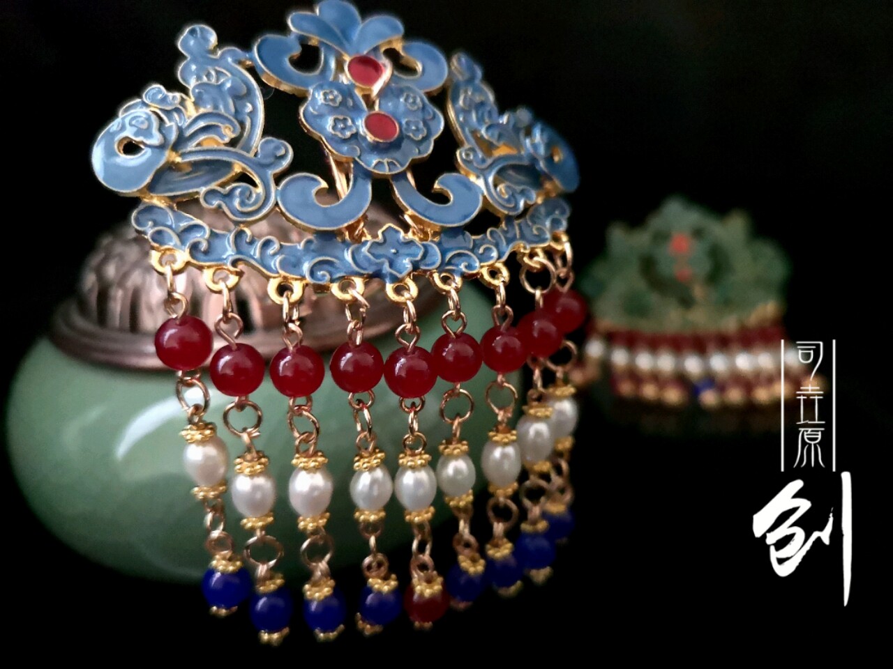 汉服发簪仿点翠烧蓝钗步淡水珍珠明制压侧古装发饰