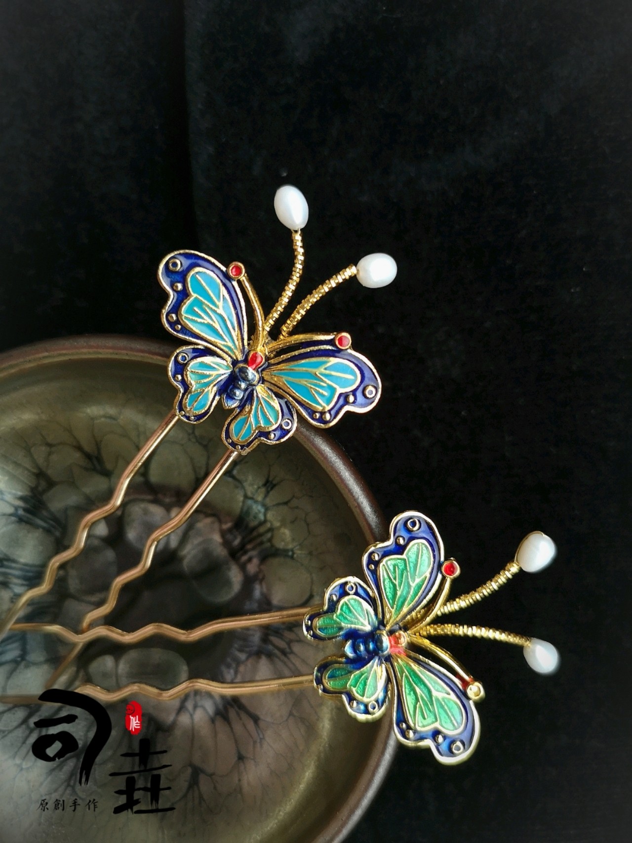 汉服原创手工仿点翠蝴蝶小钗明制唐风百搭发饰古风大明贵妇头面