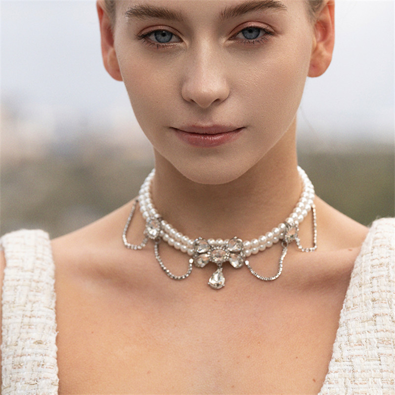 myrosebar乔欣同蝴蝶结多层珍珠项圈项链仙女锁骨项链