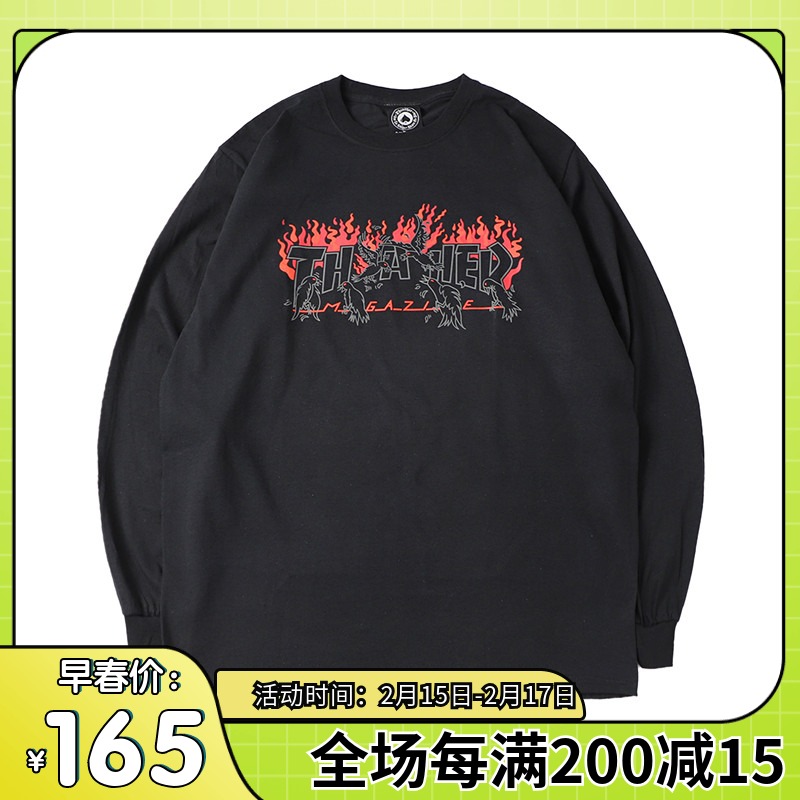 超级限定！Thrasher Crows L/ST美版薄款暗夜乌鸦火焰长袖字母T恤
