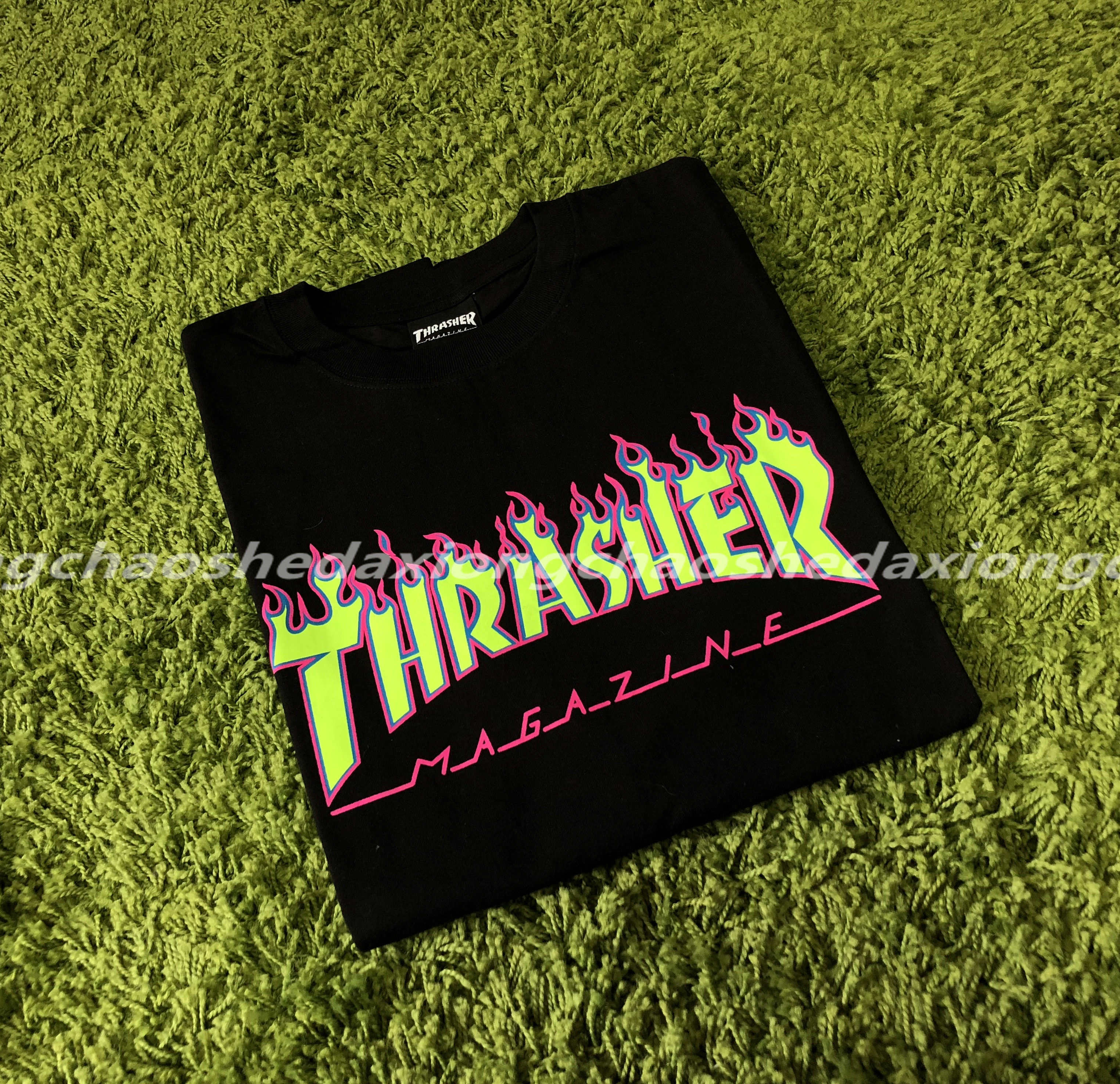 正品thrasher日版火焰短袖幽灵鬼火荧光绿火爆裂t恤
