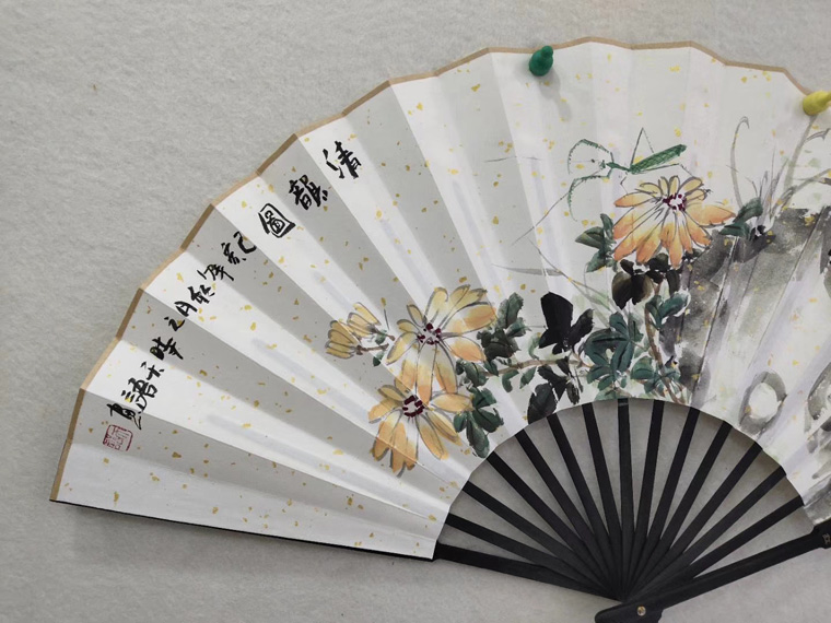 折扇10寸天语作品手绘花鸟洒金宣纸古风菊花扇子