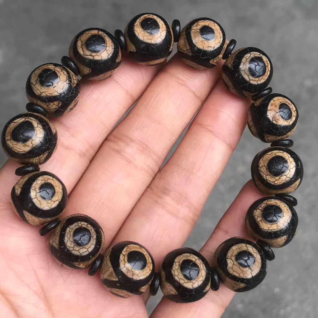 藏传天然玛瑙火供龙纹三眼天珠圆珠手串手链手链