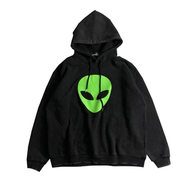 地下乐队冷酷潮暗黑丧系鬼魅外星人造旧水洗磨破加绒落肩宽松卫衣