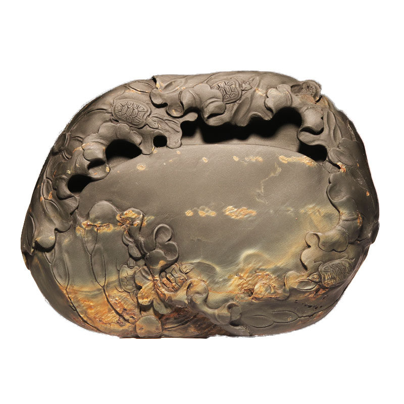 安徽徽州高档歙砚老坑天然原石金星金晕九荷叶砚台