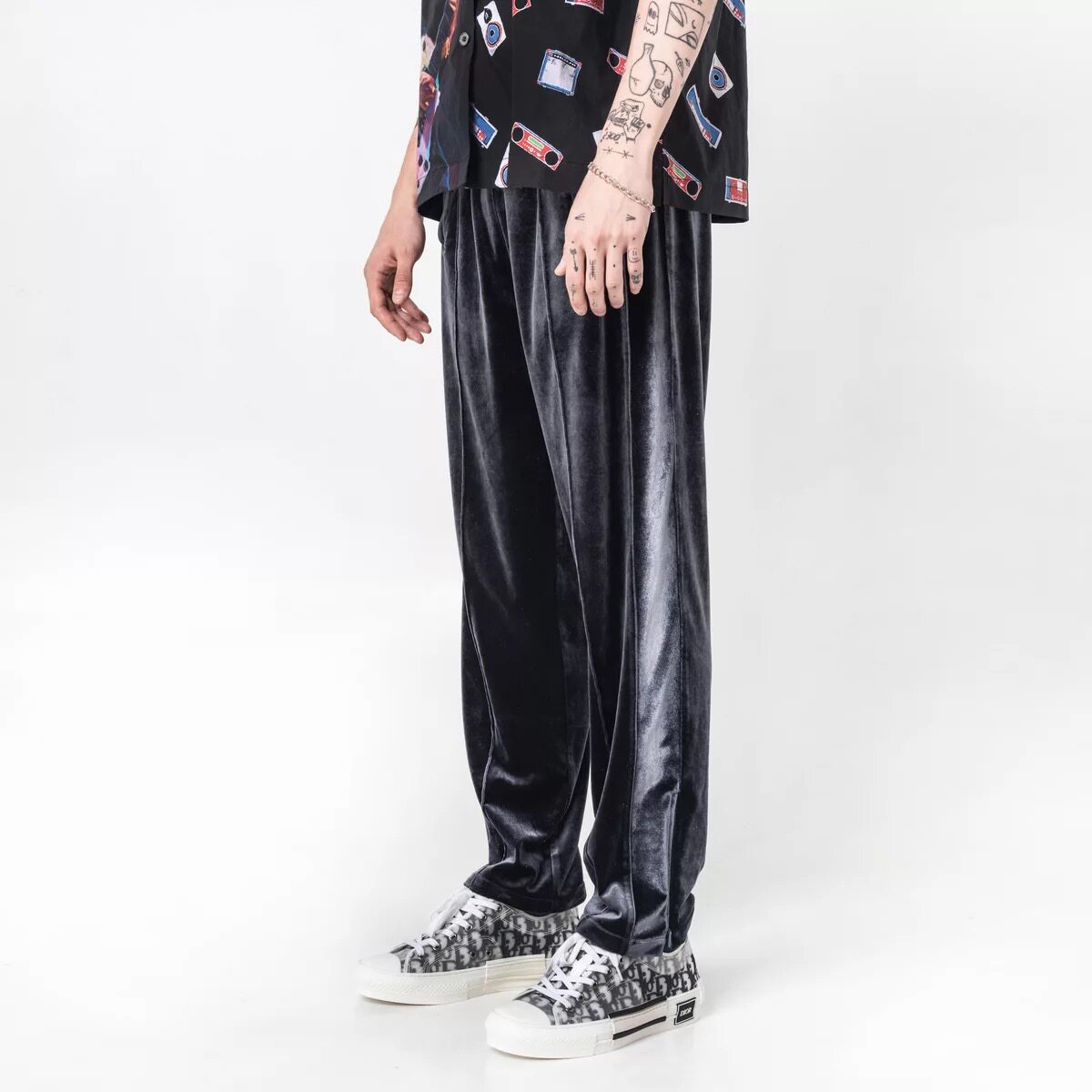 官方合作gallianolandor侧边条纹丝绒阔腿休闲裤张艺兴休闲裤