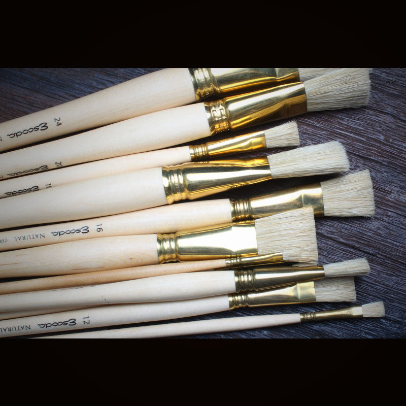 画笔进口西班牙escoda猪鬃鬃毛油画平头长杆硬毛水粉