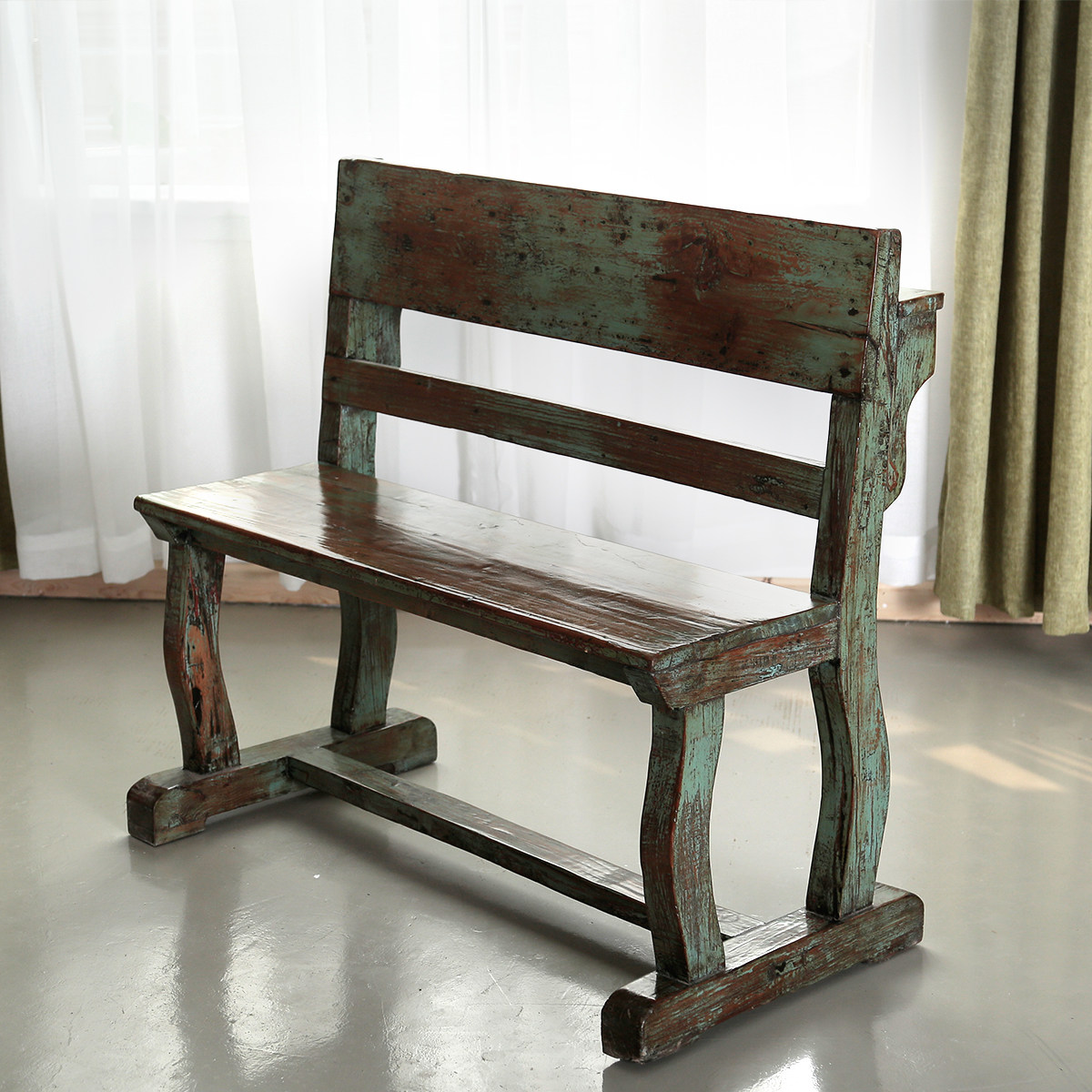 古朴彩漆实木双人背椅榫卯复古做旧家具双排椅子其它椅子