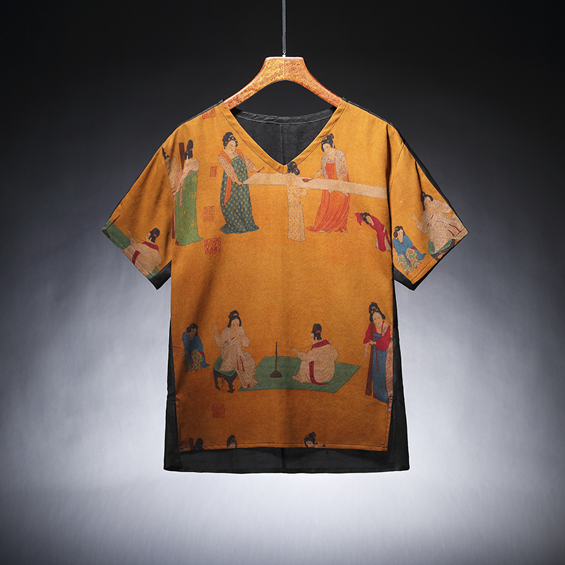 香云纱男装高端真丝上衣夏印花v领短袖宽松桑蚕丝t恤男薄款中国风