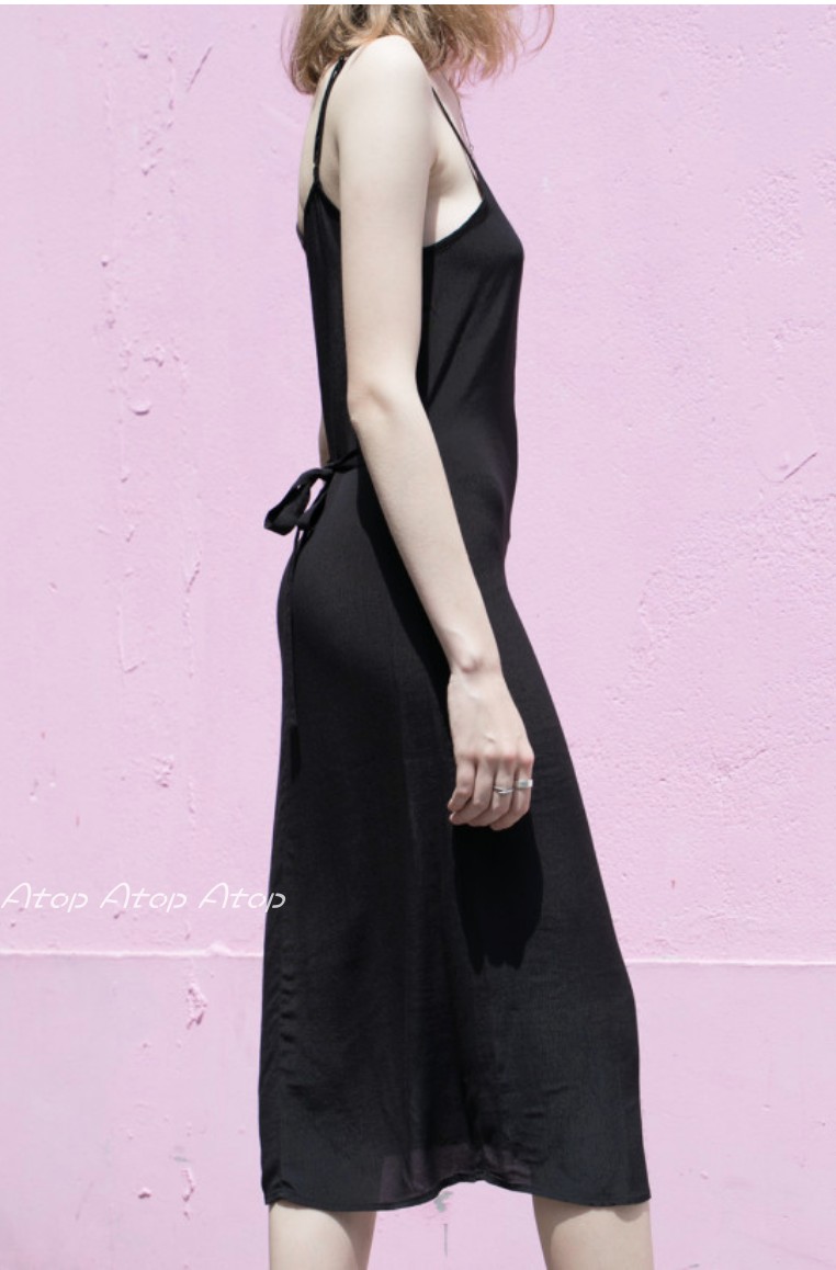 brandymelville美国bm黑色长款纯色光滑吊带连衣裙连衣裙