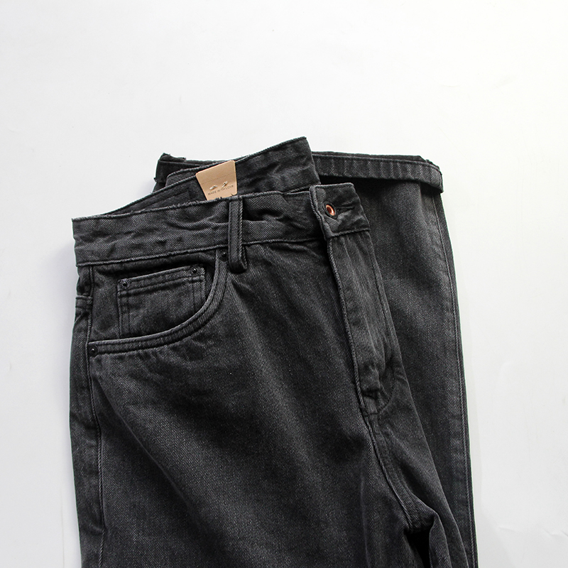 阿美咔叽 秋冬重磅水洗做旧黑灰色直筒宽松美式复古丹宁牛仔裤男
