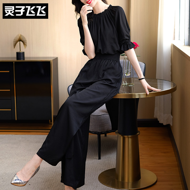 2021年新款名媛气质女神范盐系炸街高端短袖上衣阔腿裤两件套装夏