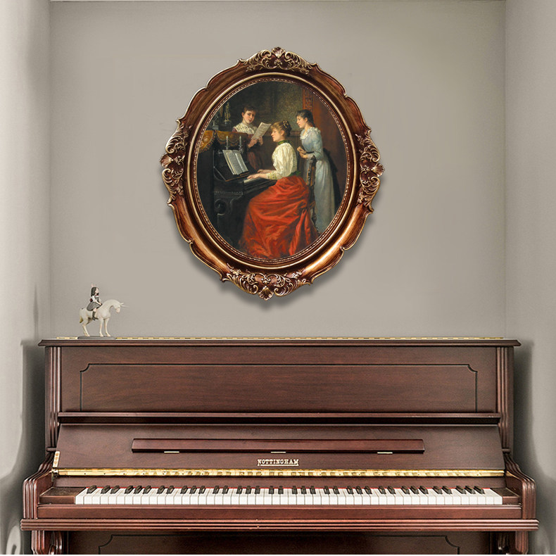 钢琴上方挂画欧式人物油画圆形椭圆形像框琴房现代装饰画