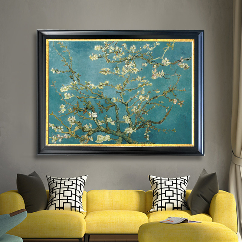 梵高油画作品樱花花蓝色调美式现代风格客厅世界名画油画