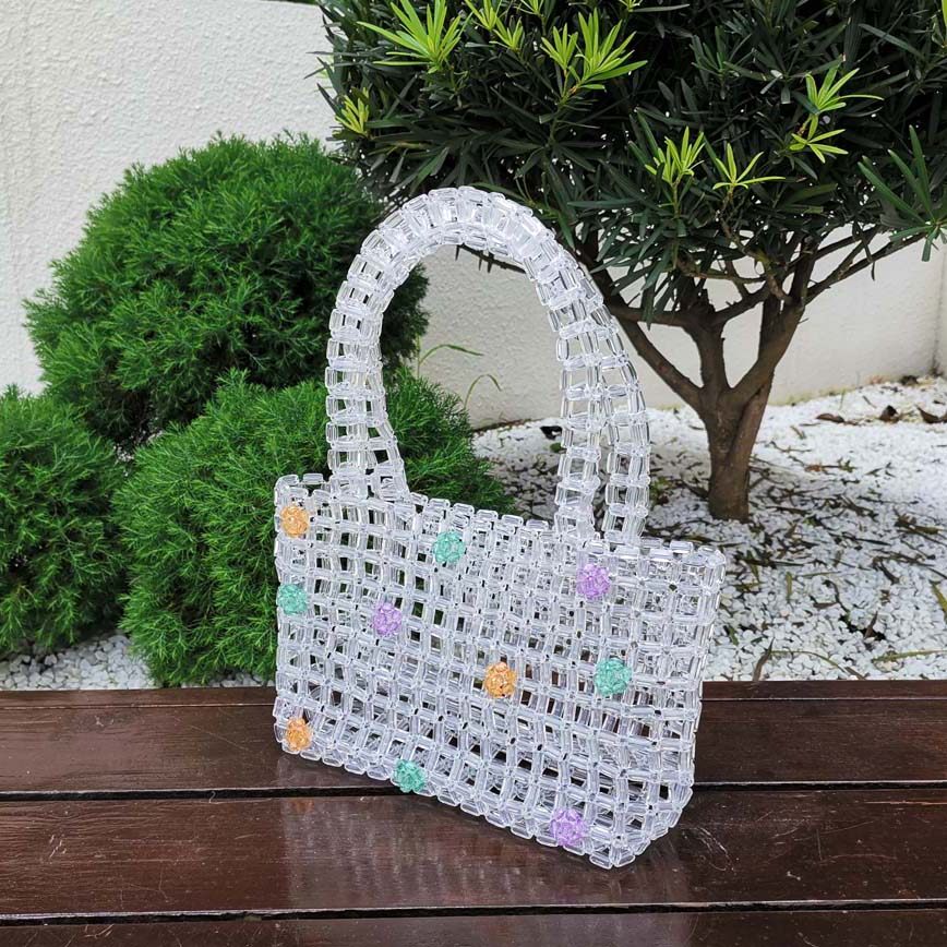 清仓小众串珠ins敞口手工编织包水晶珠子手提篮子包菜篮仙女包