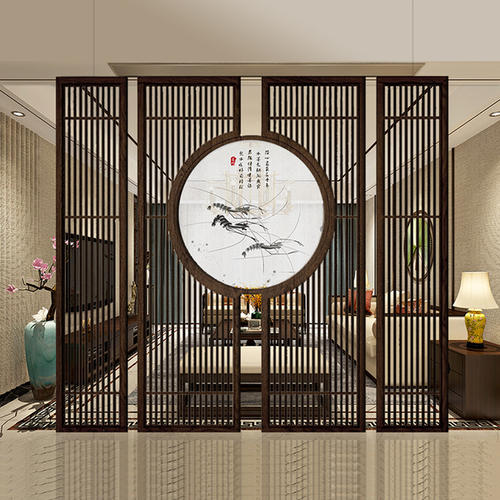 现代新中式镂空花格客厅入户玄关格珊密度板隔断透明纱画屏风定制