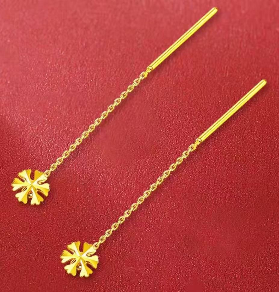 24k黄金耳线足金耳坠纯金镂空雪花耳环长款耳饰