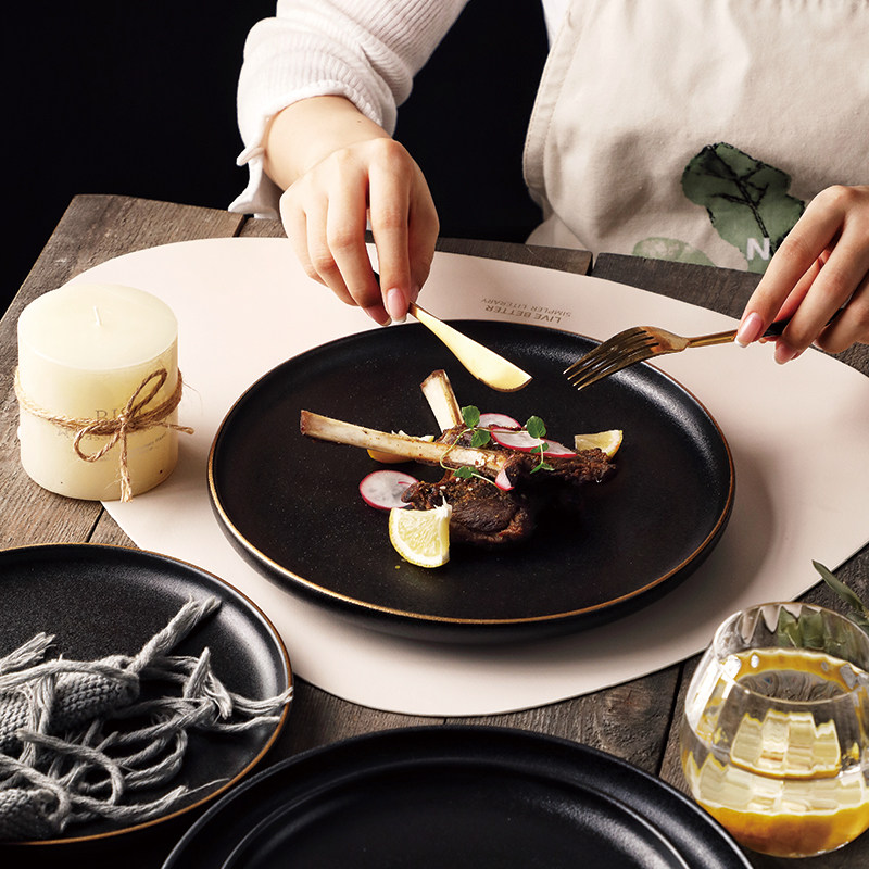 餐盘黑色磨砂牛排盘子西餐商用网红牛扒陶瓷盘