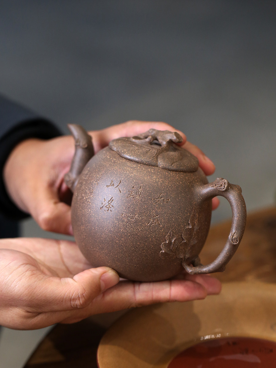 一水堂宜兴原矿全手工紫砂壶老青段泥木瓜壶370毫升形神古法成型 - 爱