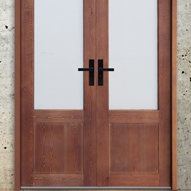 拱形双扇松木原木开进户门樟子松实木门定制钢化玻璃进户门
