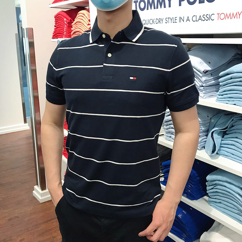 Tommy Hilfiger汤米代购男士休闲条纹蓝白纯棉短袖Polo衫T恤