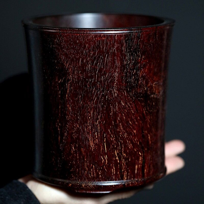 包浆老印度小叶紫檀笔筒高油密牛毛纹带金星素面木雕