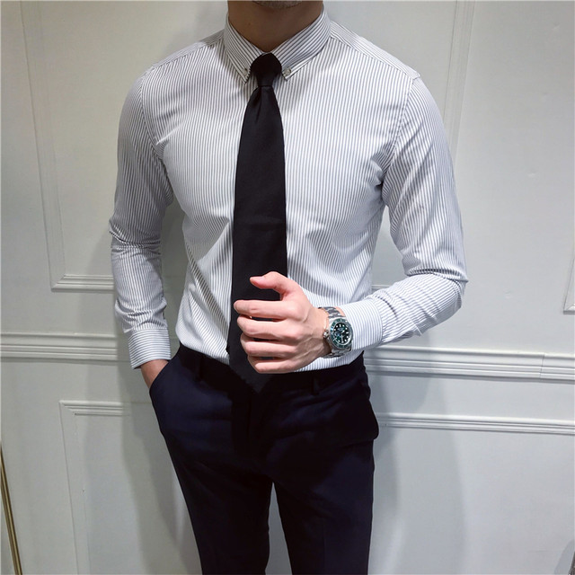 Mr. Lu San men's business slim striped long-sleeved shirt British casual retro shirt Korean version of Japanese trendy men Mr. Lu San men's business slim striped long-sleeved shirt British casual retro shirt Korean version of Japanese trendy men