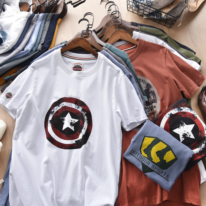 港风潮牌 夏季纯棉磨毛圆领短袖T恤男 日系百搭休闲复古印花半袖