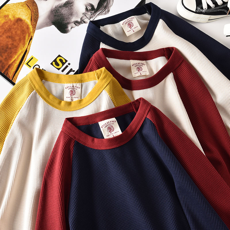 客供好面料！纯棉华夫格撞色插肩长袖T恤男 春舒适休闲宽松打底衫