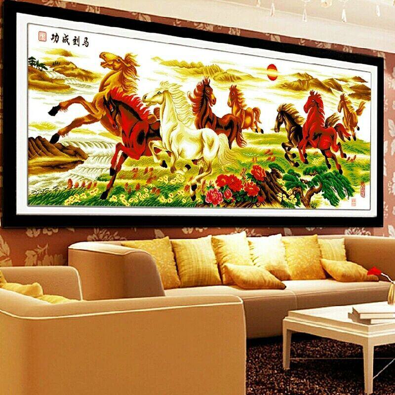 客厅大幅全绣满绣棉线丝线刺绣大幅 十字绣马到成功八骏图2023新款