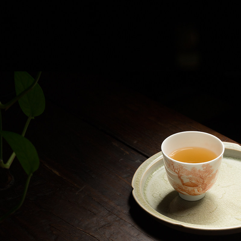 景德镇手绘矾红山水品茗王维诗意图主人杯喝茶杯茶杯