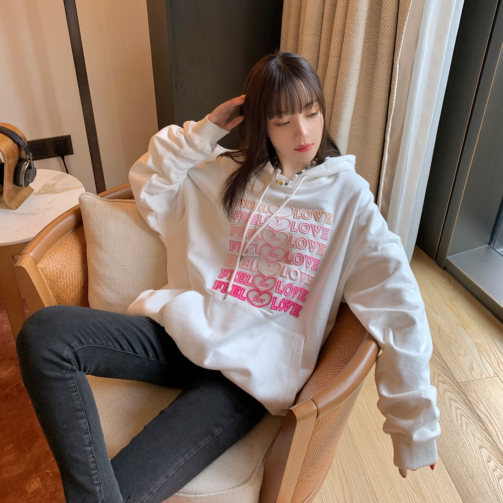 李小璐慵懒oversize连帽套头卫衣女2020新款宽松韩版cosplay女装