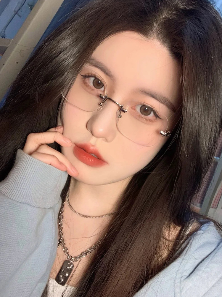 眼镜无框女纯欲风近视近视眼可配度数素颜大框定制成品光学镜