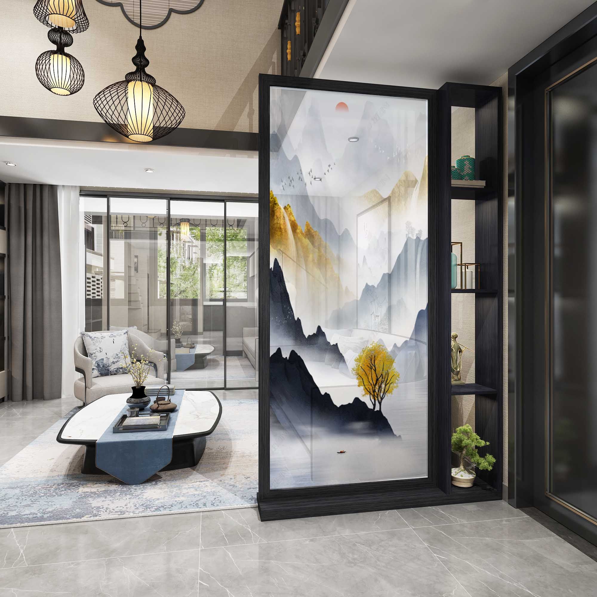 新中式屏风 卧室实木隔断屏障简约现代入户进门挡煞客厅玄关 座屏