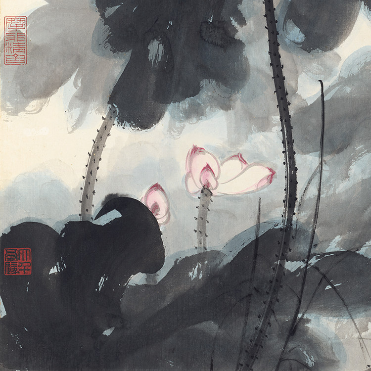 荷花张大千泼墨国画写意水墨画横幅图微复制品未装国画