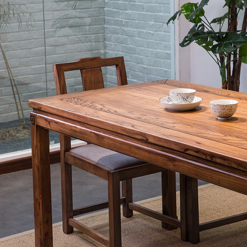 溪木工坊新中式榆木实木餐桌家用小户型吃饭桌子长方形餐桌椅组合