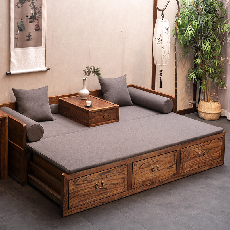 罗汉床实木新中式炕床卧榻中式老榆木炕床原木茶床实木罗汉床沙发