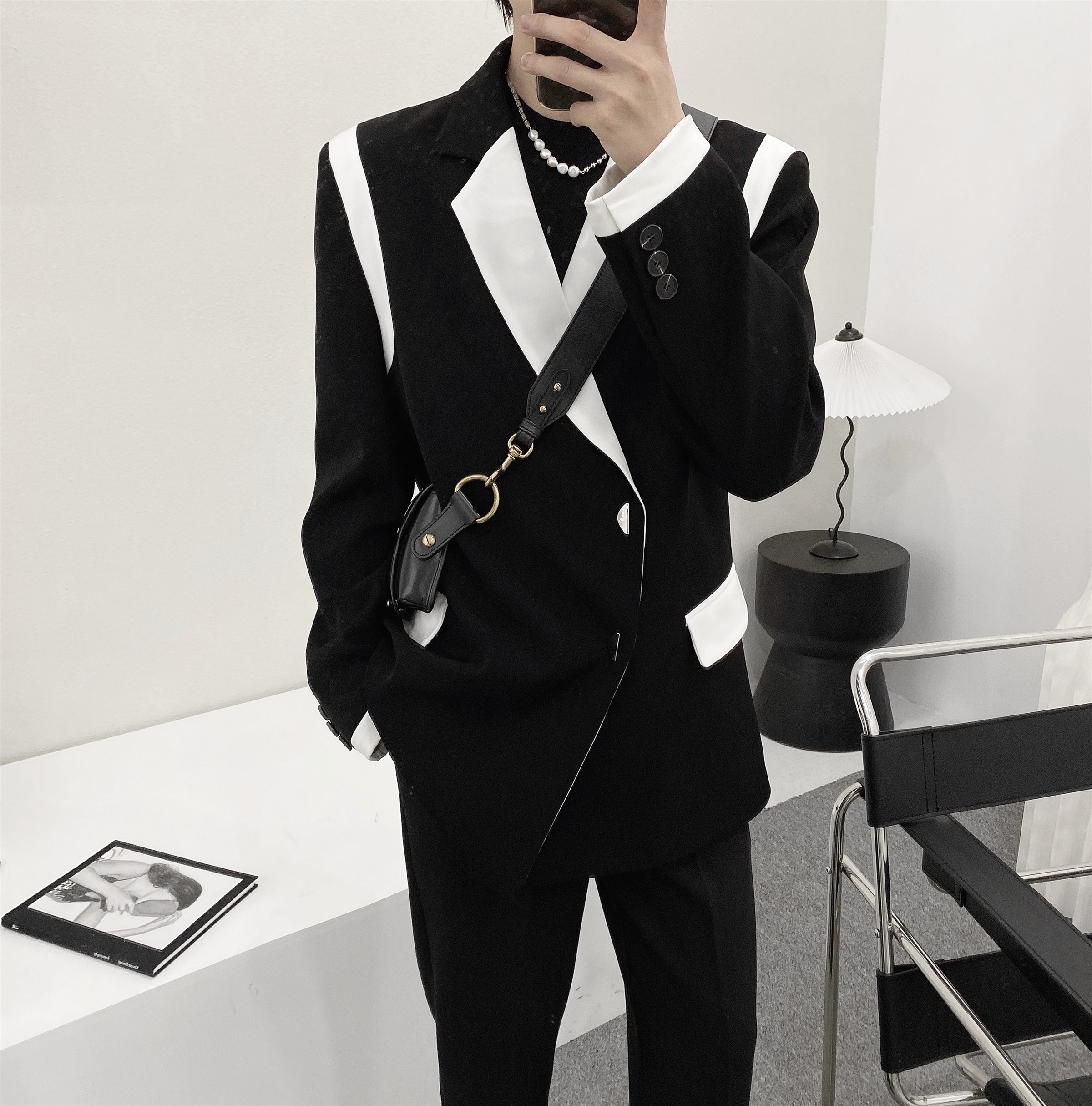 阿茶与阿古黑色撞边西装外套男春秋宽松潮流小众高级感痞帅西服