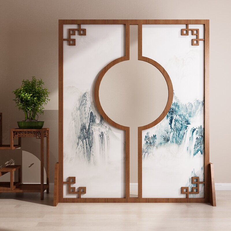 新中式屏风隔断墙山水水墨客厅办公室接待室会议室实木定制座屏