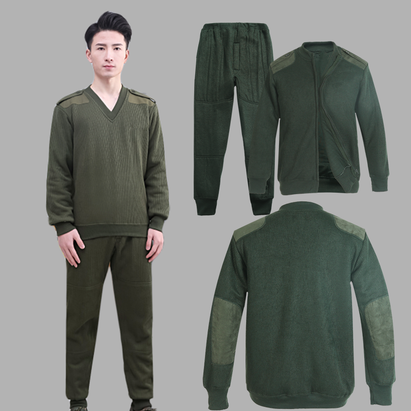 正品老式加棉绒衣绒裤套装春秋秋冬季保暖绿色抓绒衣裤套装