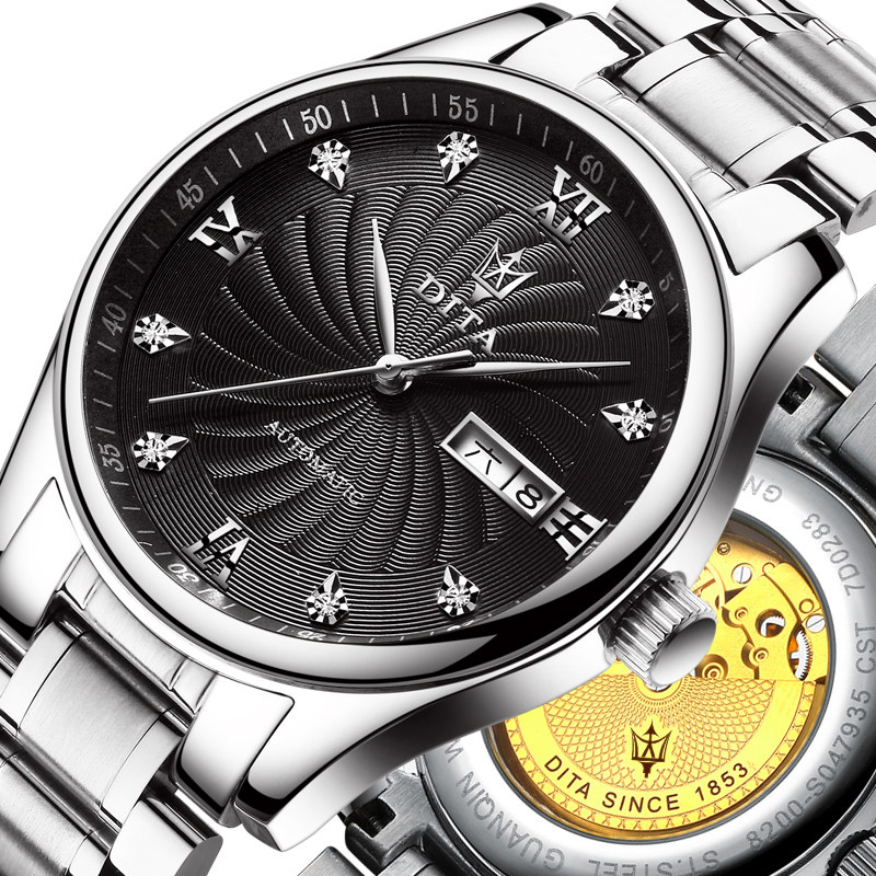迪塔正品手表男士精钢带防水腕表真皮镂空全自动机械表男表手表