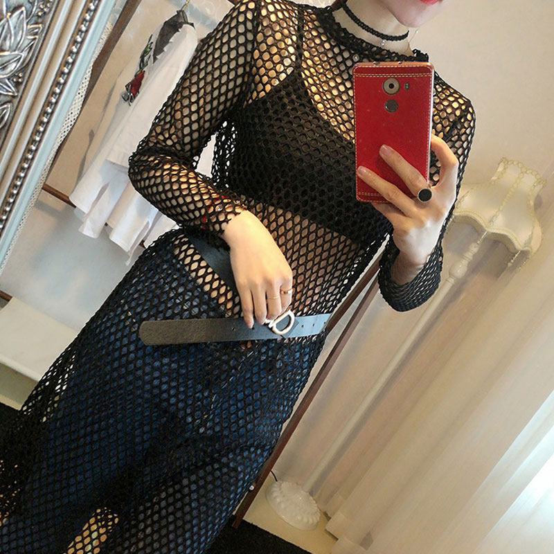 网眼衫女韩版大女装渔网长款网格破洞罩衫透视蕾丝衫