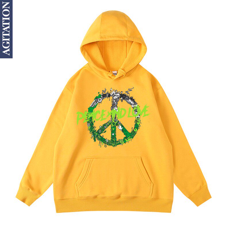 爱与和平连帽加绒套头卫衣男女秋冬卫衣