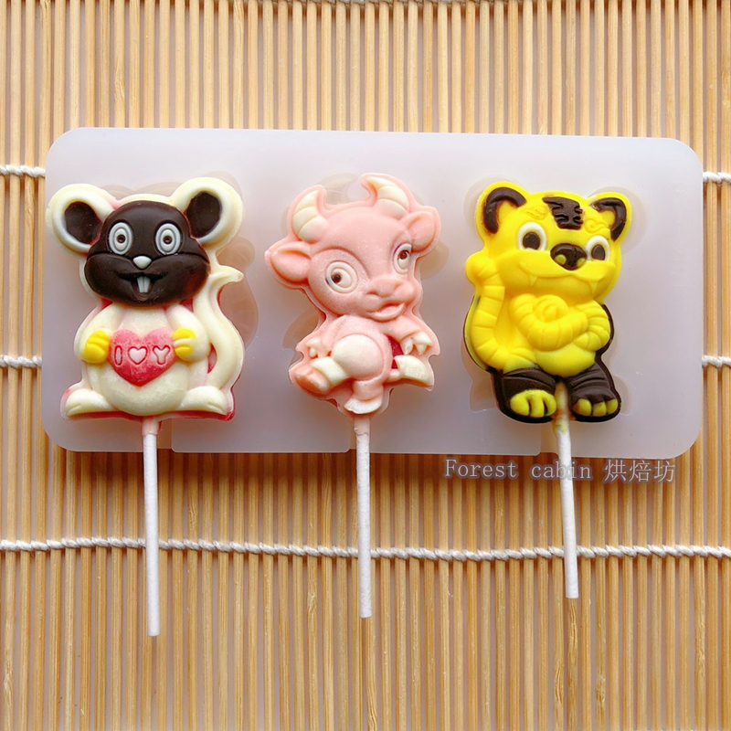 十二生肖棒棒糖模具卡通动物巧克力翻糖麦芽糖自制手工烘焙模具