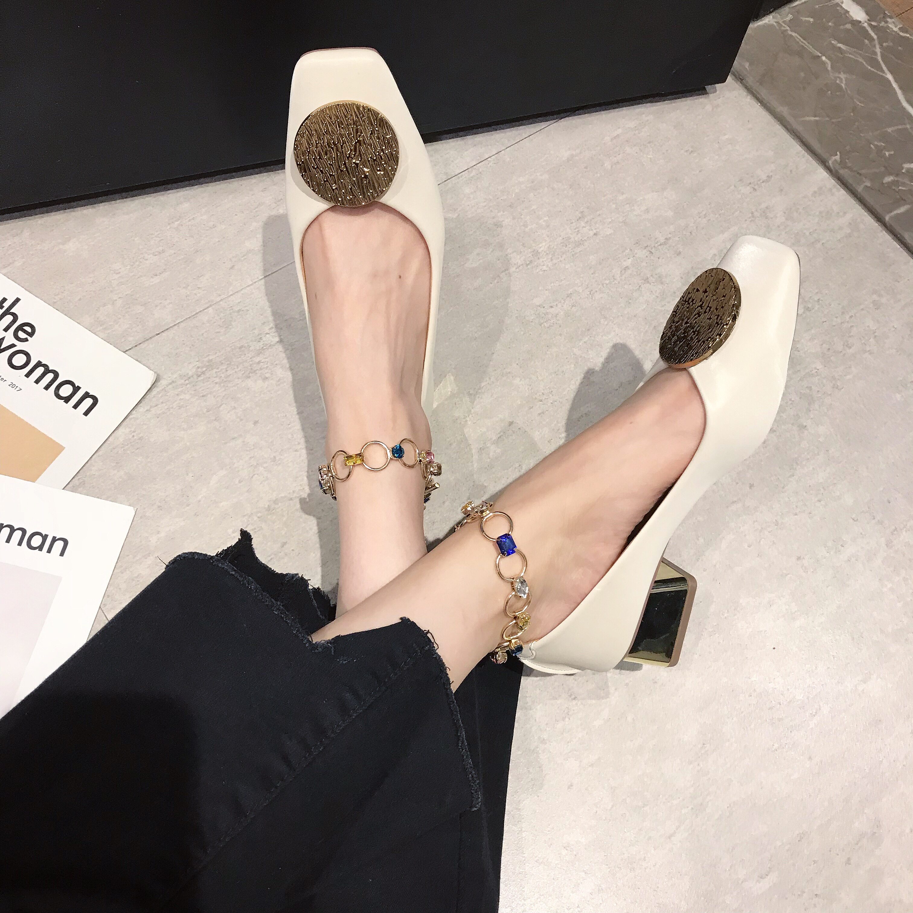 方头浅口单鞋女2019夏款韩版粗跟单鞋女晚晚鞋百搭网红中跟仙女鞋