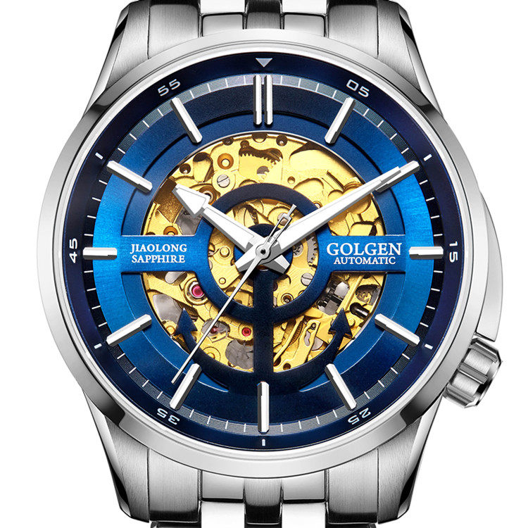 golgen古尊手表男士机械表全自动蛟龙系列镂空蓝色国产腕表