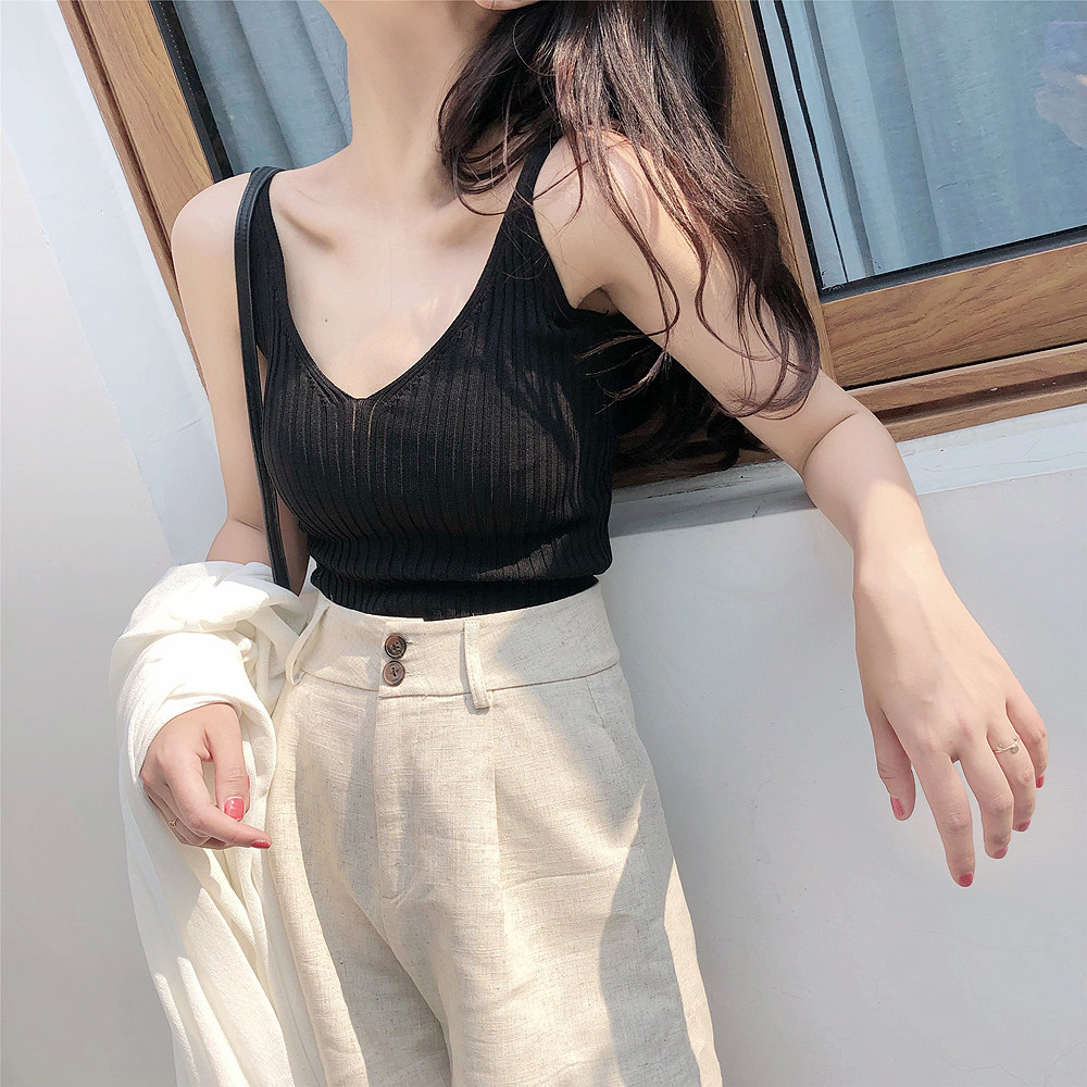 显瘦韩版性感冰丝吊带背心女夏外穿学生短款无袖针织打底衫上衣