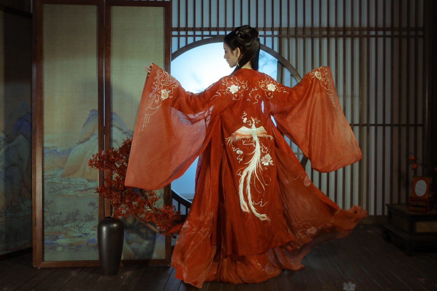 有香如故 凤泽 大红色6米摆渐变齐胸汉服 齐腰襦裙 凤凰牡丹大袖