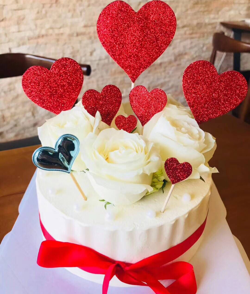 粉红色大小爱心生日蛋糕装饰插牌心形蛋糕插件婚礼节日装扮用品