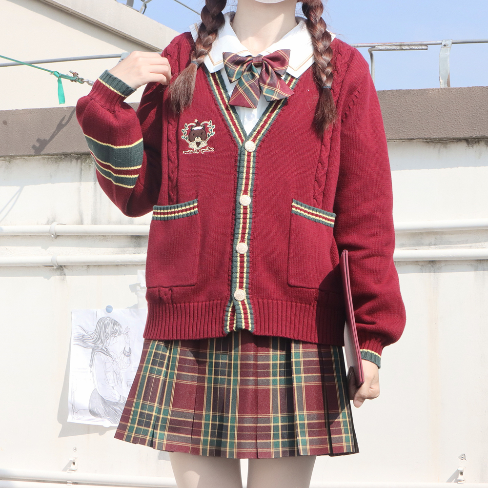 圣诞红色毛衣女v领针织开衫外套秋冬新款日系新年JK制服格裙套装